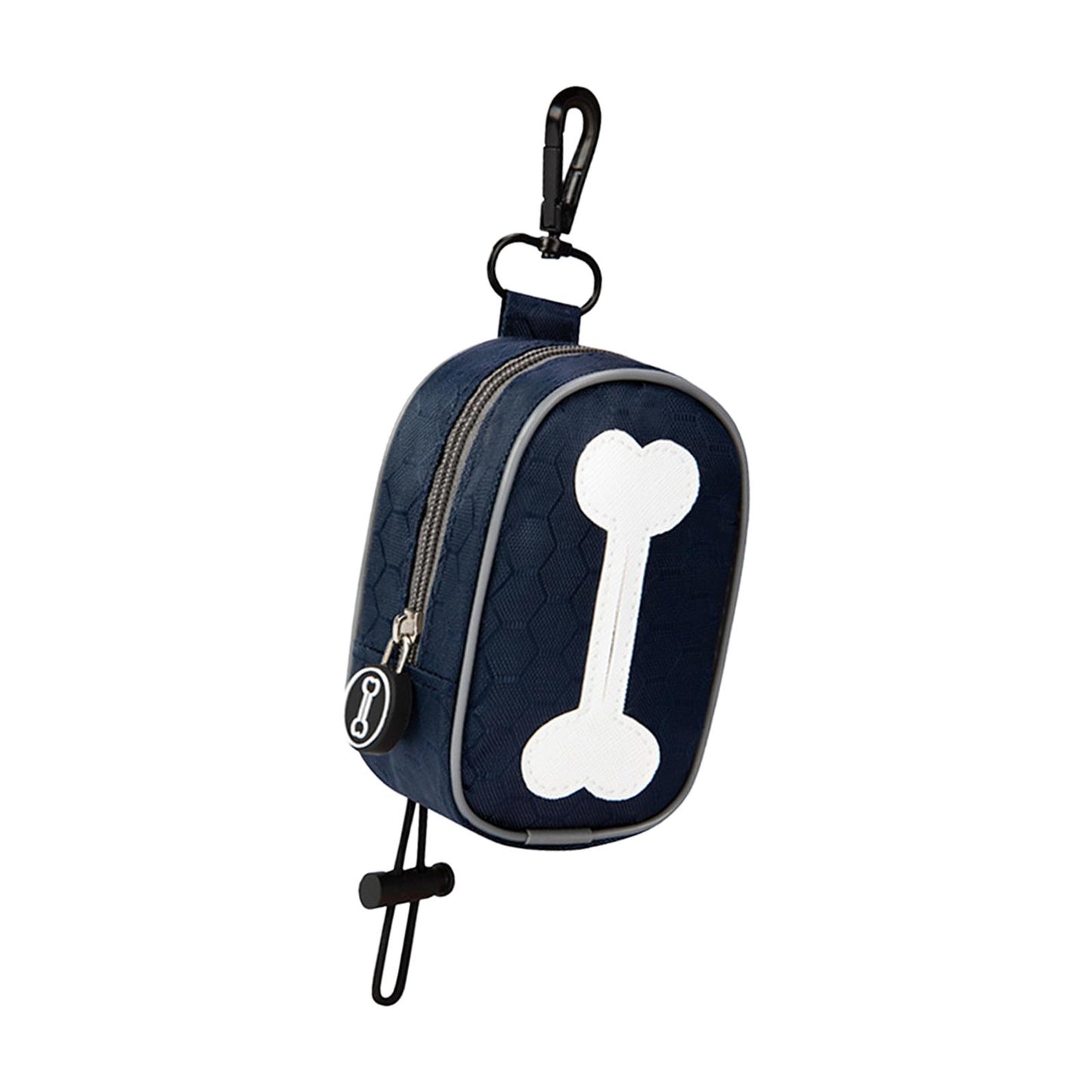 VaultHaus Pet Waste Bag Dispenser in navy blue with a bone design and clip for easy attachment