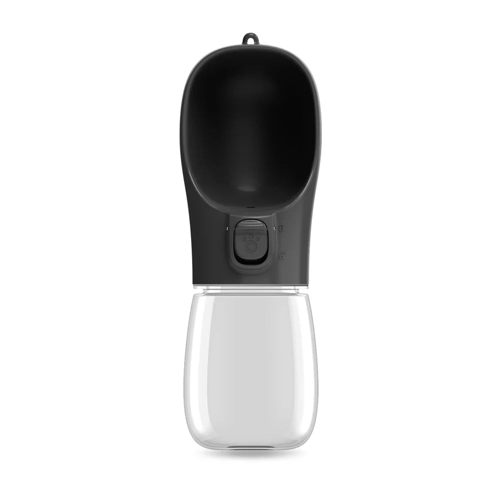 VaultHaus Portable Dog Water Bottle with a black drinking bowl and clear water container