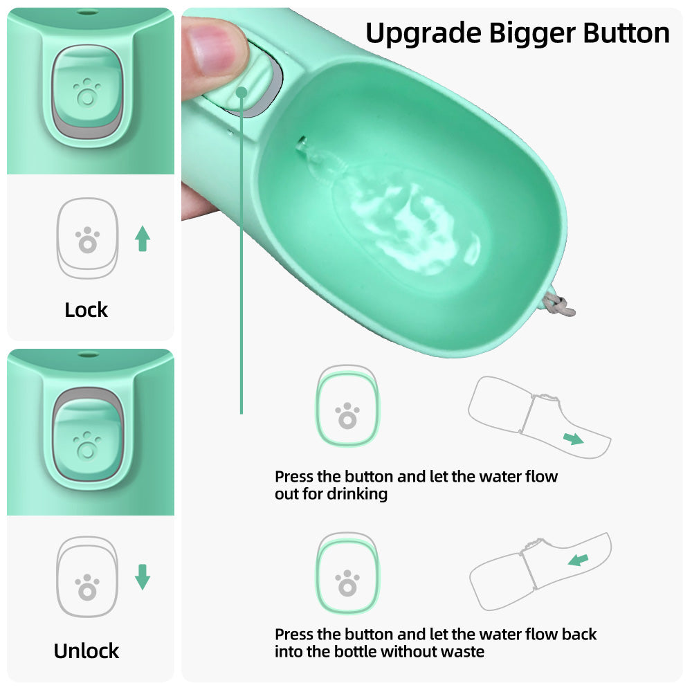 VaultHaus portable dog water bottle in mint green with upgraded bigger button for easy water flow lock and unlock