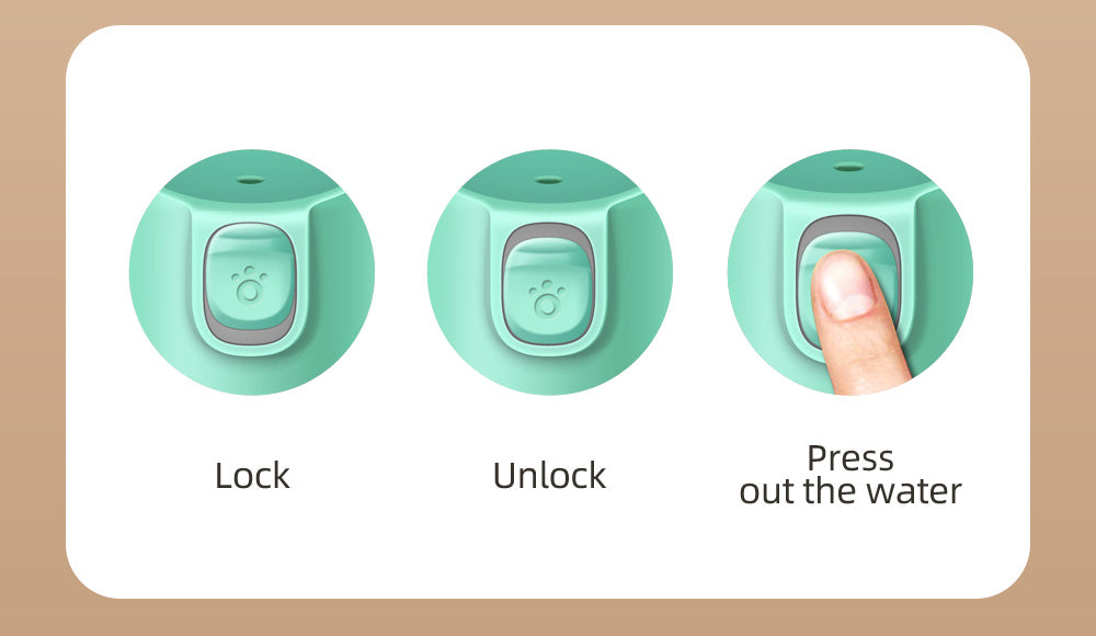 VaultHaus portable dog water bottle showing lock, unlock, and water release button with finger pressing