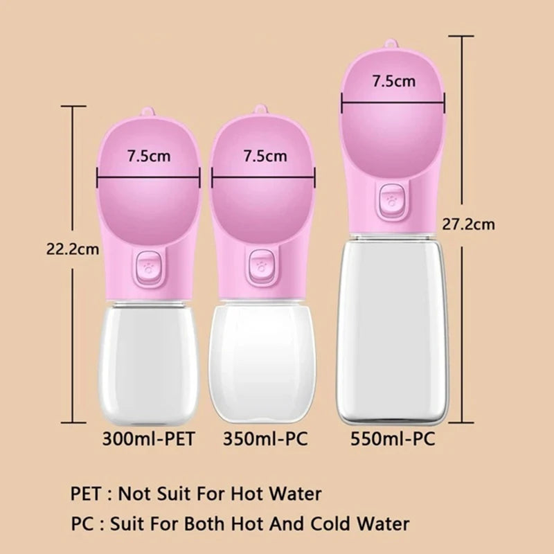 VaultHaus Portable Dog Water Bottle in pink with three size options for hot and cold water