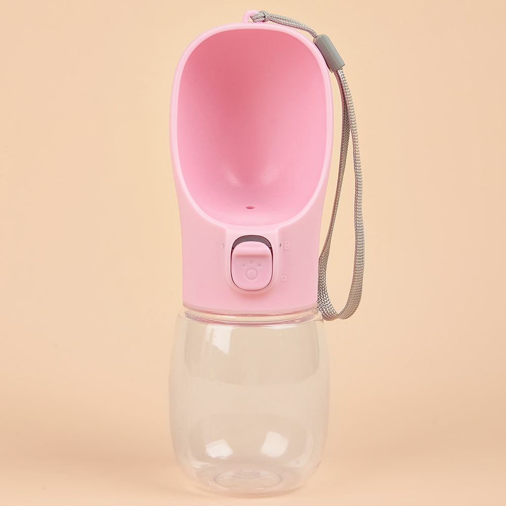 VaultHaus pink Portable Dog Water Bottle with attached drinking bowl and wrist strap