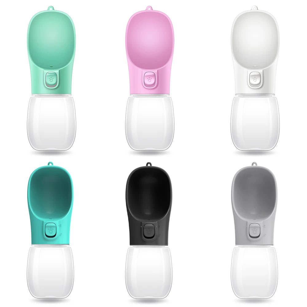 VaultHaus Portable Dog Water Bottle in six colors including teal, pink, white, black, gray, and mint green for on-the-go pet hydration