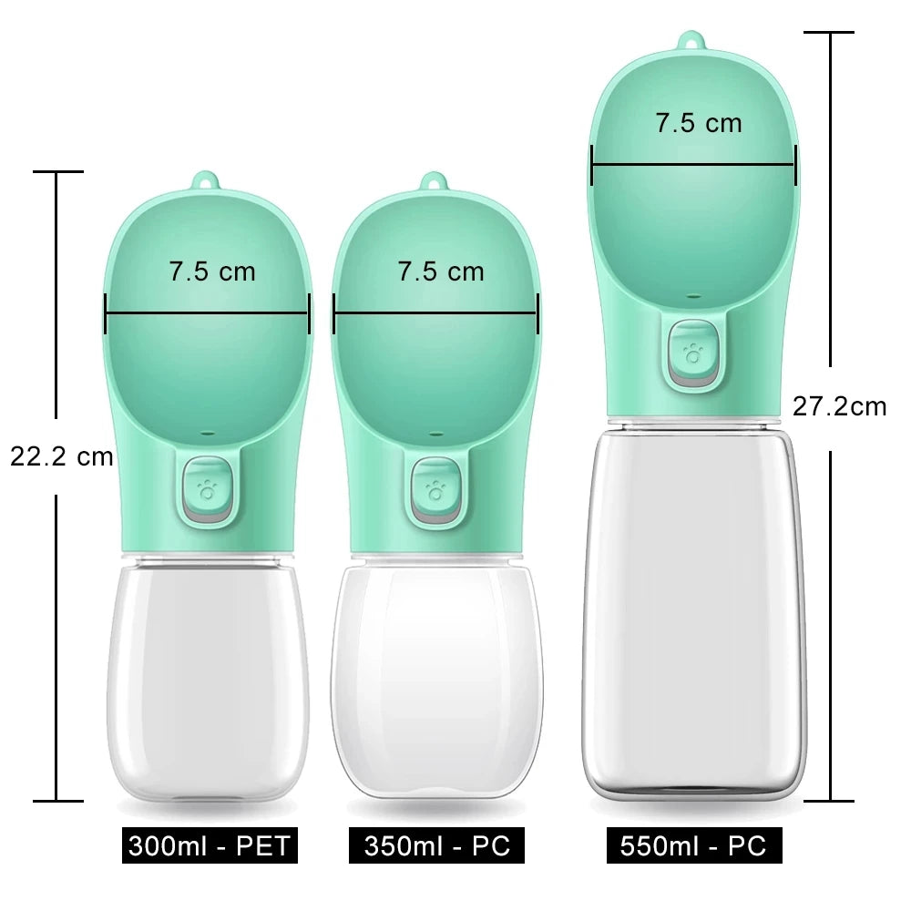 VaultHaus Portable Dog Water Bottle in three sizes with measurements for easy pet hydration