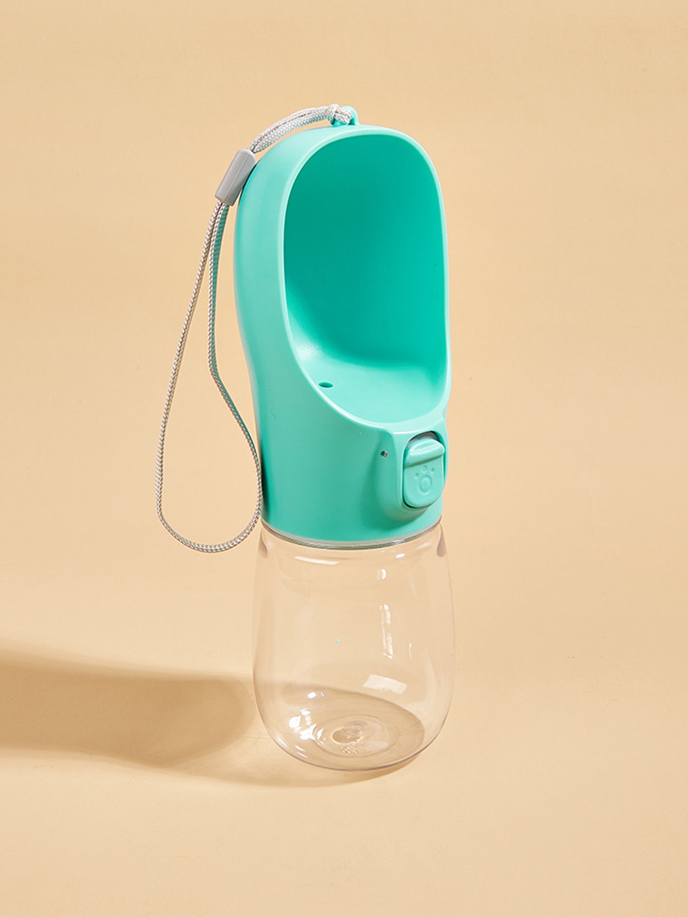 VaultHaus portable dog water bottle in teal with attached carrying strap for pet hydration on the go
