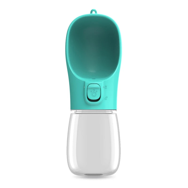 VaultHaus portable dog water bottle in turquoise with squeeze button for outdoor pet hydration