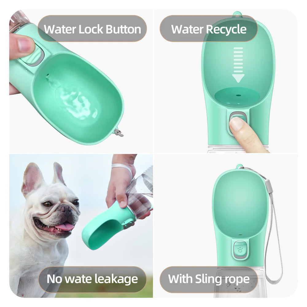 VaultHaus portable dog water bottle in green with water lock button, water recycle feature, and sling rope