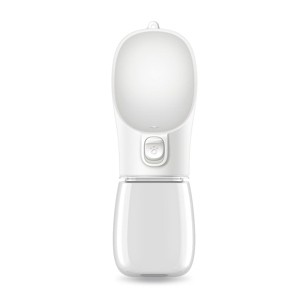White VaultHaus portable dog water bottle with built-in drinking bowl and easy push button
