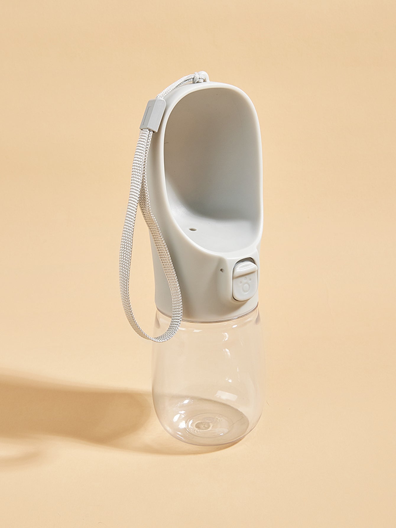 VaultHaus portable dog water bottle with attached drinking bowl and wrist strap in light gray