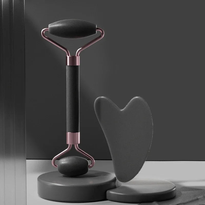 2Pcs Roller Guasha Board Resin Scraper Facial Massager displayed on a modern surface with elegant design.