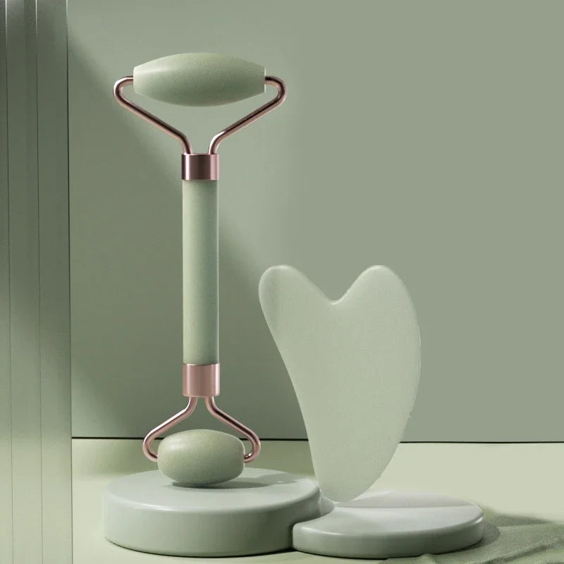 2Pcs Roller Guasha Board Resin Scraper Facial Massager in Green with Rose Gold Accents for Skincare