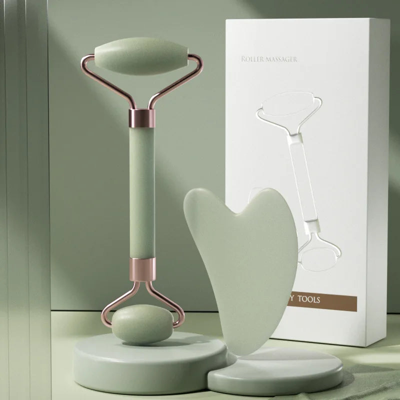 2Pcs Roller Guasha Board Resin Scraper Facial Massager set with smooth green finish and elegant design