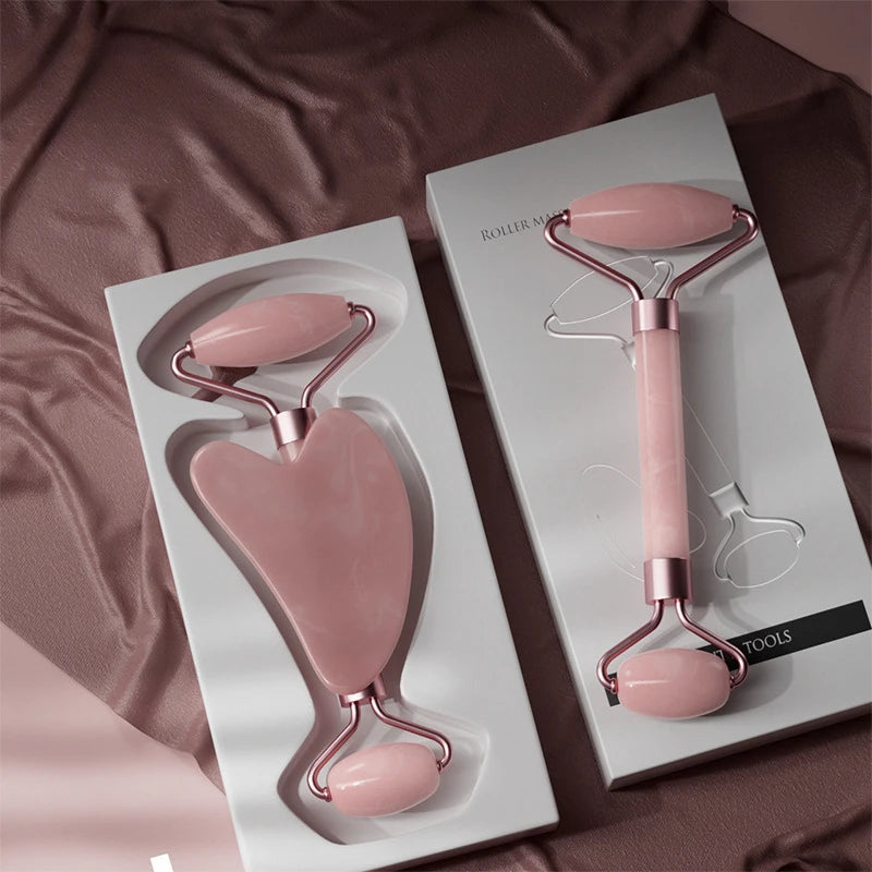 2Pcs Roller Guasha Board Resin Scraper Facial Massager in pink with elegant packaging for skincare routines
