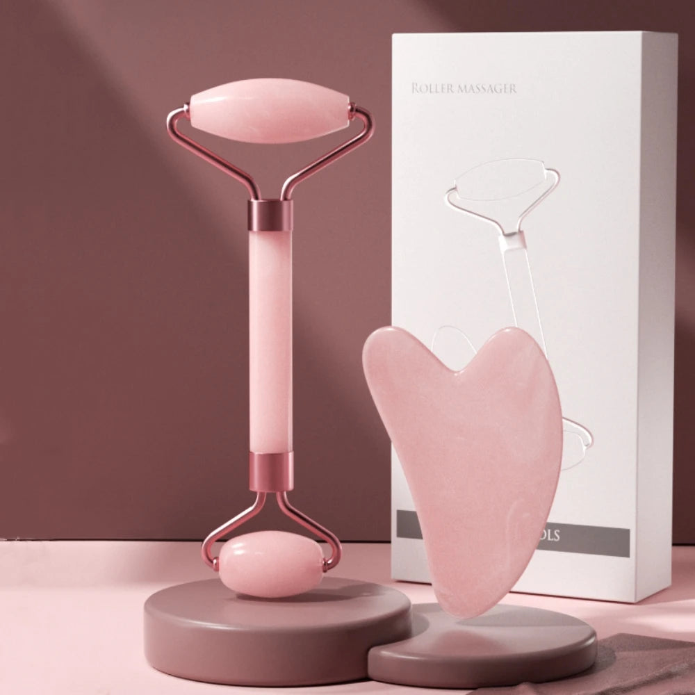 2Pcs Roller Guasha Board Resin Scraper Facial Massager set with rose quartz tools for skincare