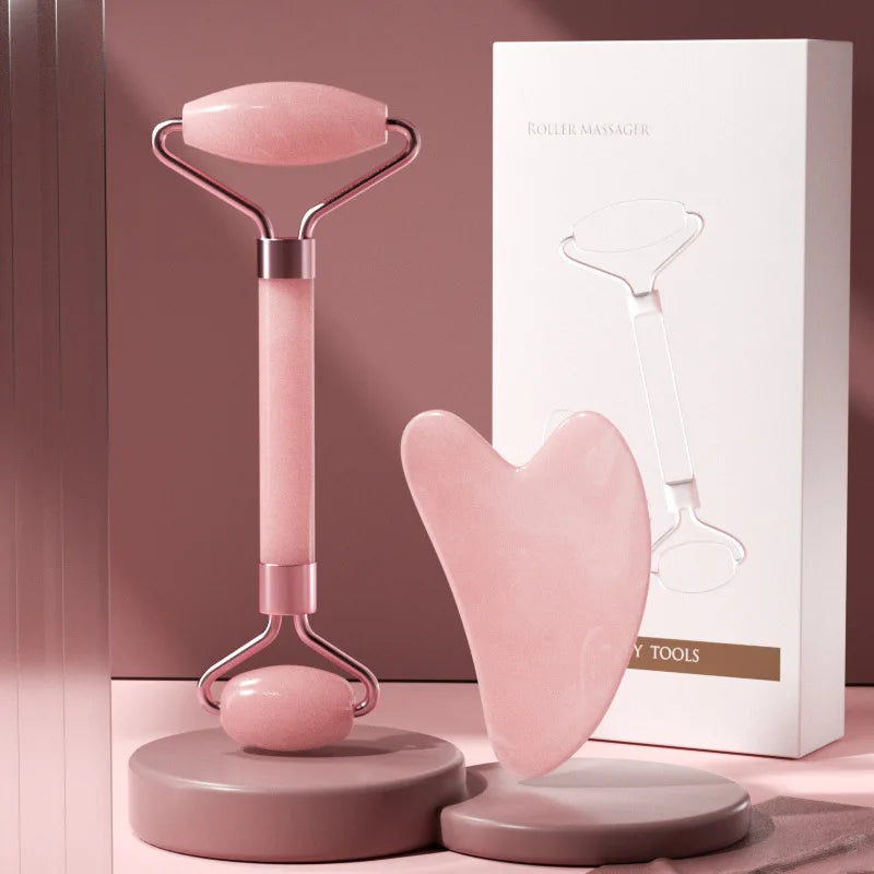 2Pcs Roller Guasha Board Resin Scraper Facial Massager set in pink with elegant packaging for skincare routines