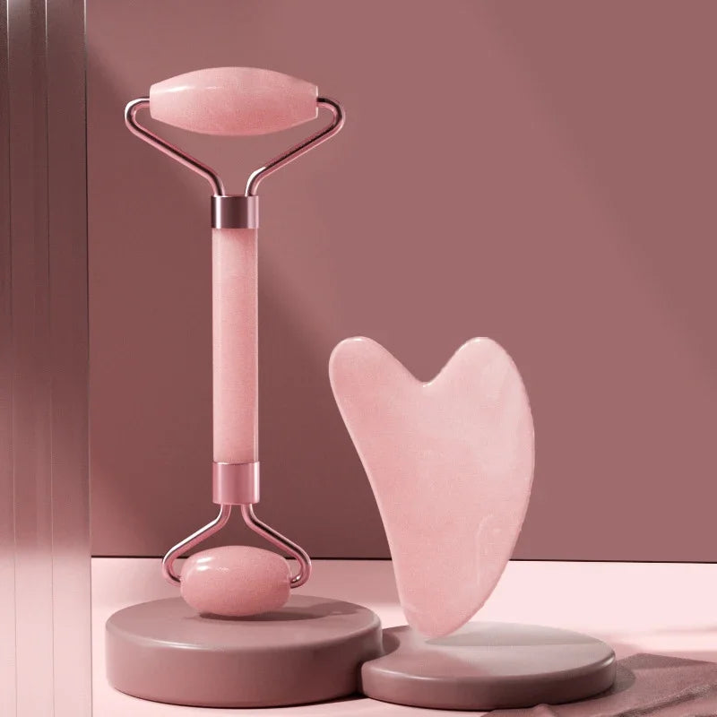 2Pcs Roller Guasha Board Resin Scraper Facial Massager set in pink with a textured design for skincare routines