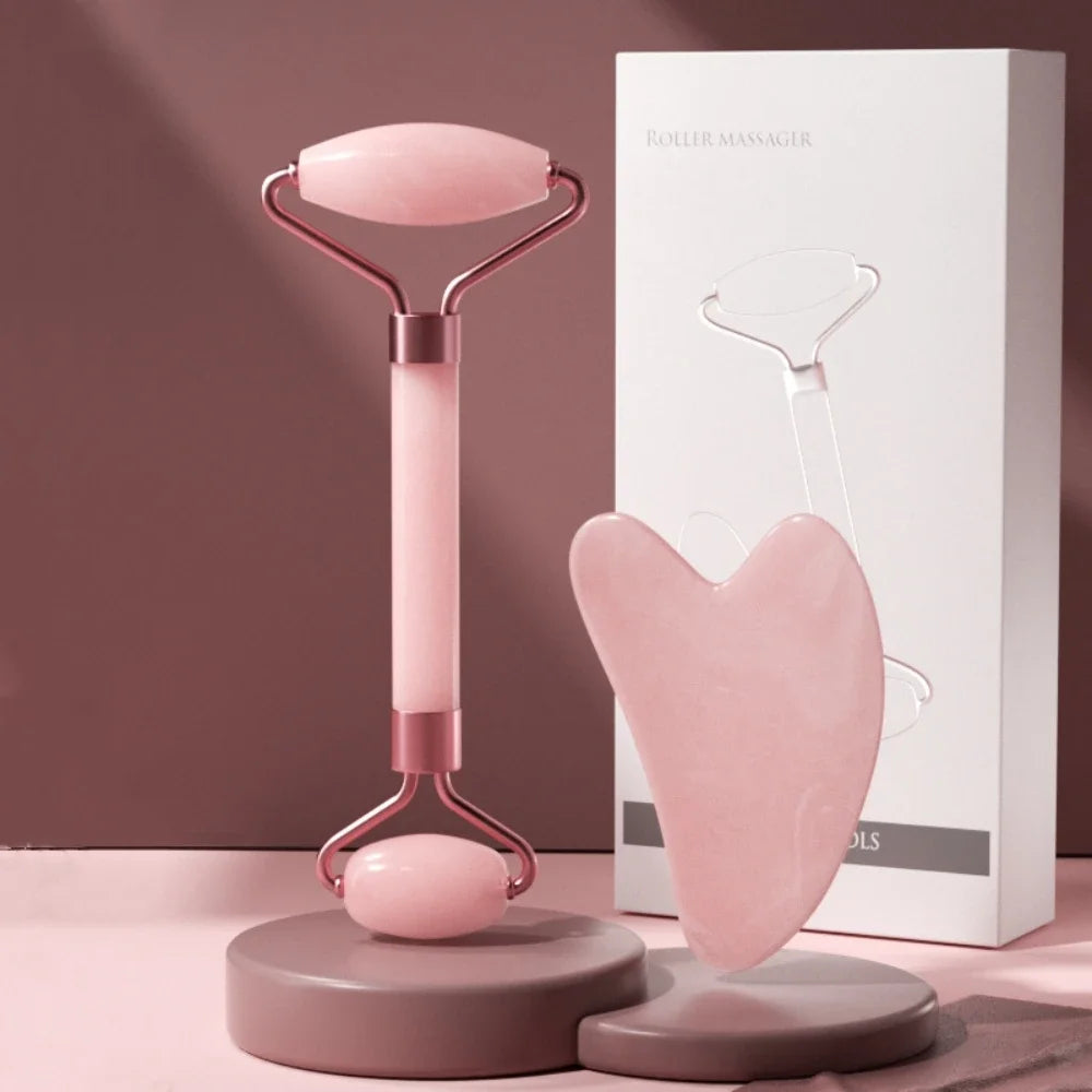 2Pcs Roller Guasha Board Resin Scraper Facial Massager Set with a Pink Roller and Scraper for Skincare