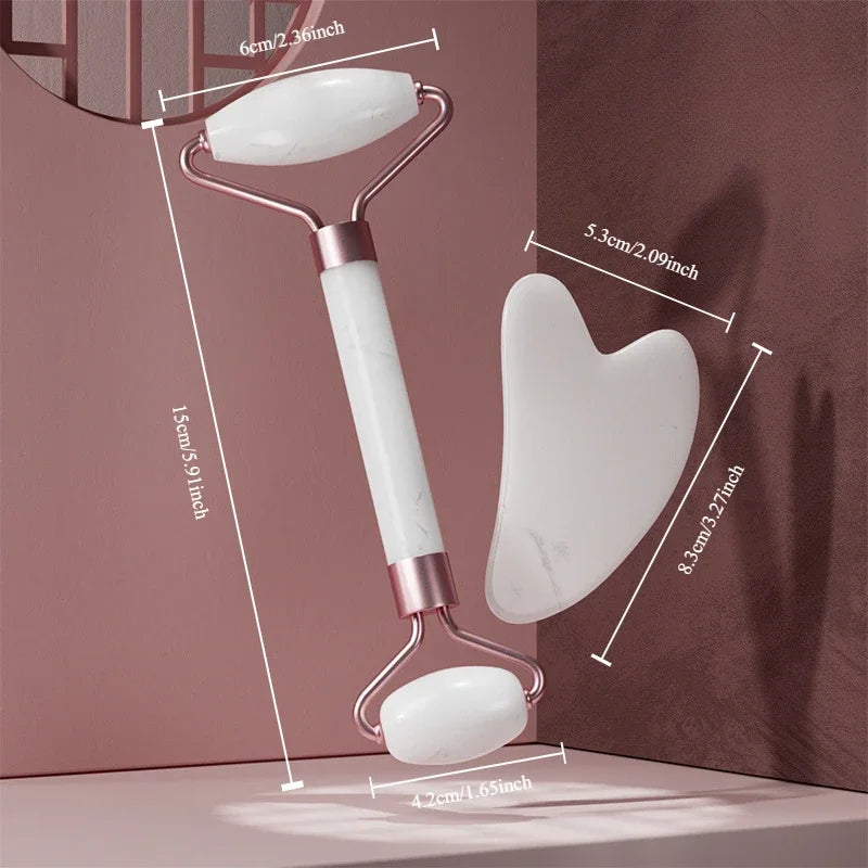 2Pcs Roller Guasha Board Resin Scraper Facial Massager Set on a stylish background showcasing dimensions