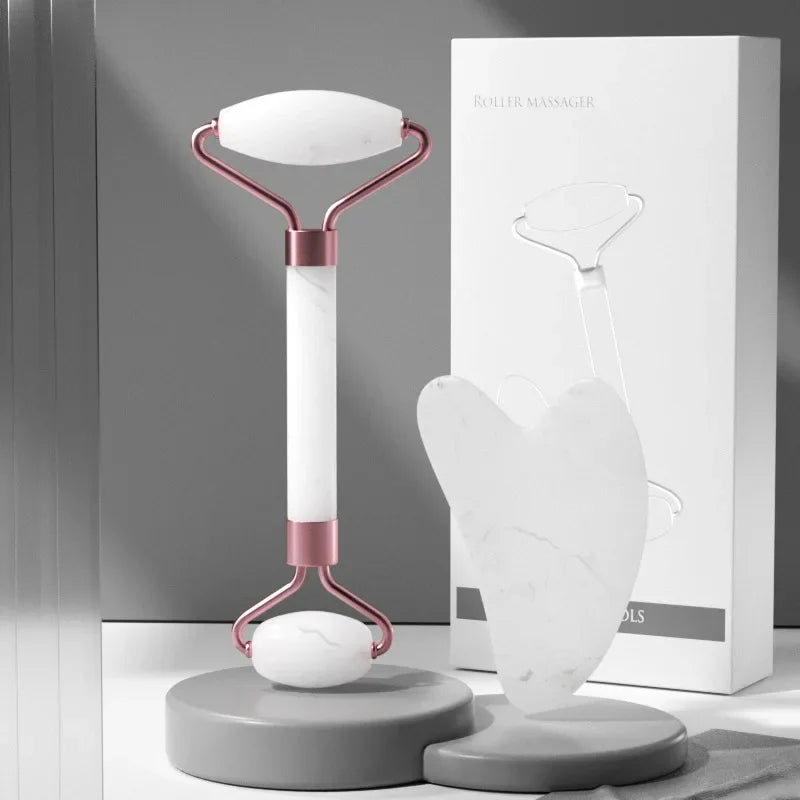 2Pcs Roller Guasha Board Resin Scraper Facial Massager in elegant white and pink design with packaging