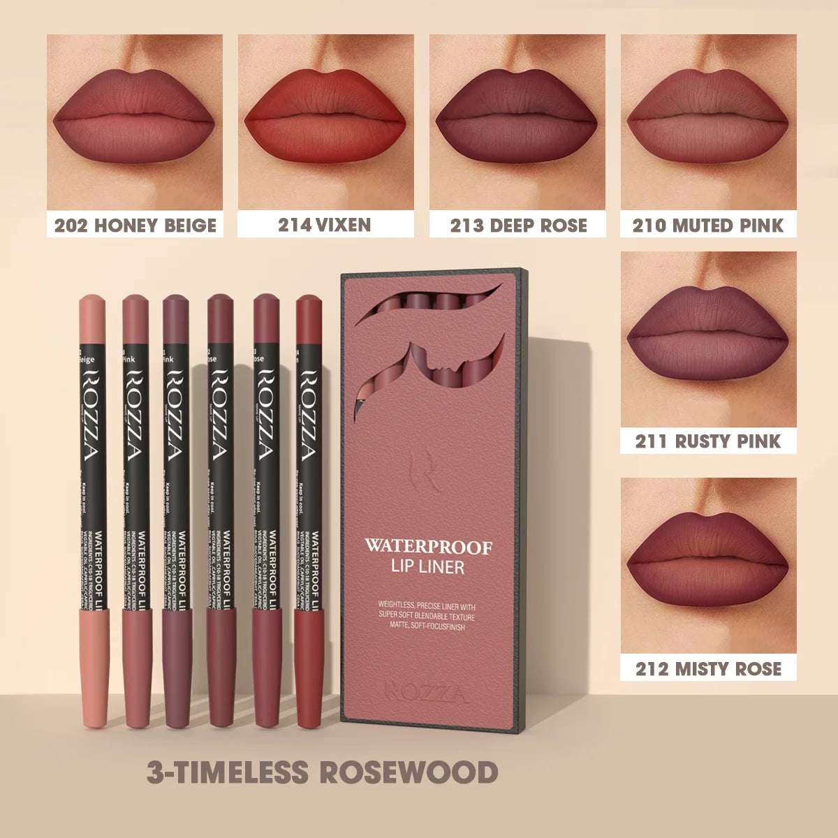 VaultHaus waterproof lip liner set warm caramel shades with six rosewood tones and lip swatches