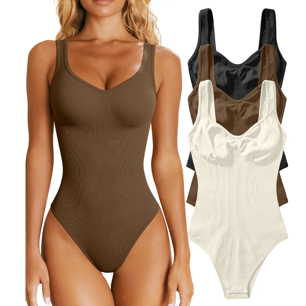 Stylish women's jumpsuit in brown with three additional color options displayed for versatile fashion choices