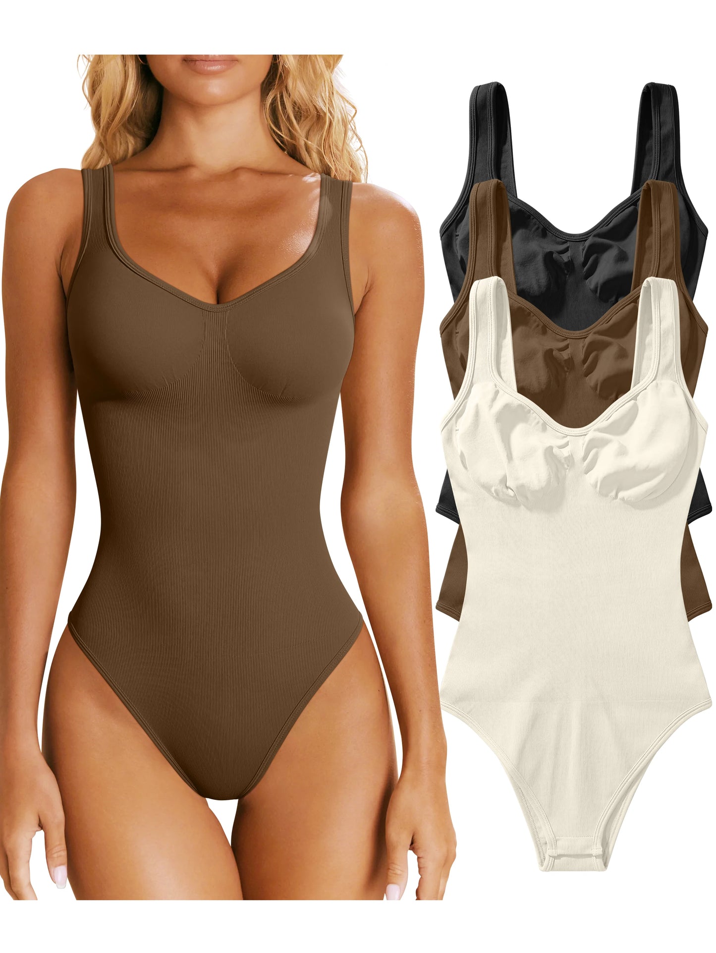Stylish women's jumpsuit in various colors including brown, black, and cream on a model
