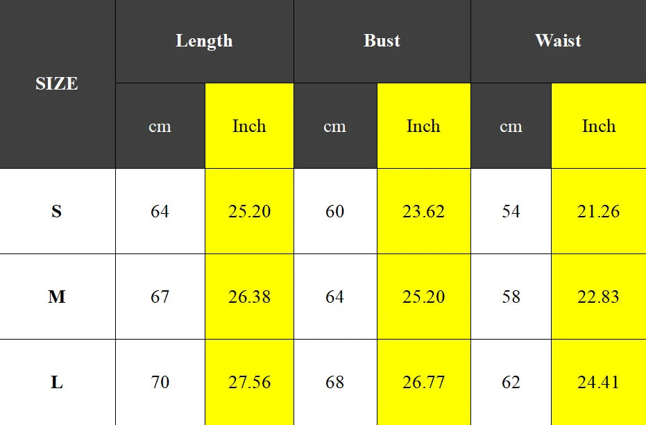 Stylish women's jumpsuit size chart with measurements for length, bust, and waist in centimeters and inches