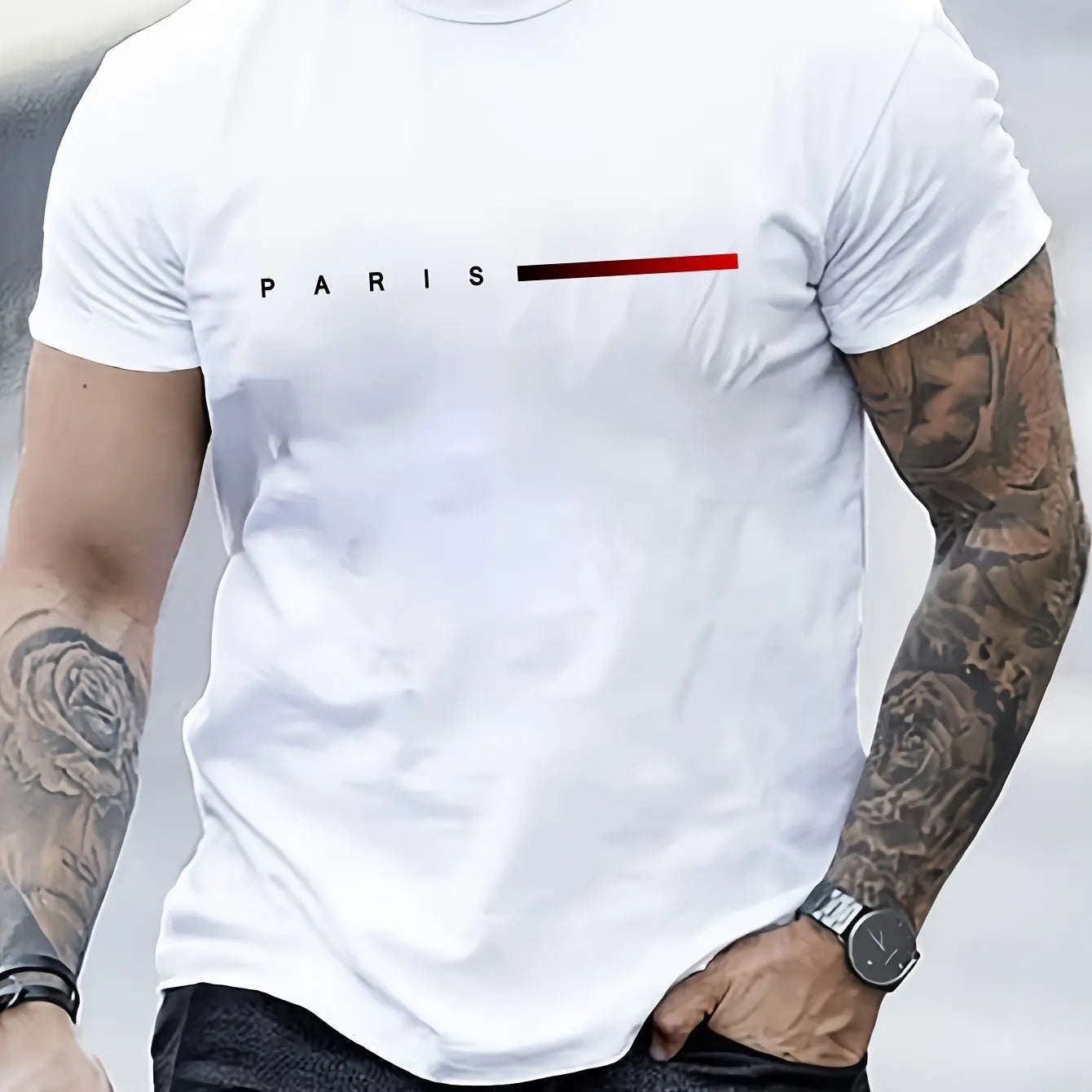 VaultHaus summer cotton slim fit tee in white with minimalist Paris graphic for casual wear