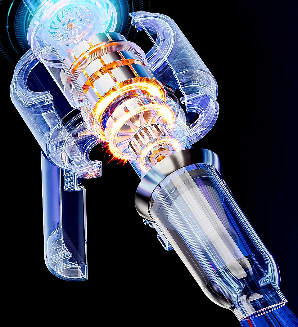 Detailed view of portable car vacuum cleaner showcasing powerful motor and transparent design