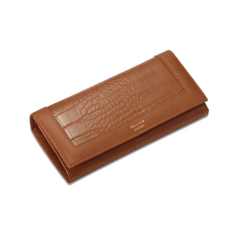 VaultHaus designer long wallet for women in tan with crocodile texture and sleek design