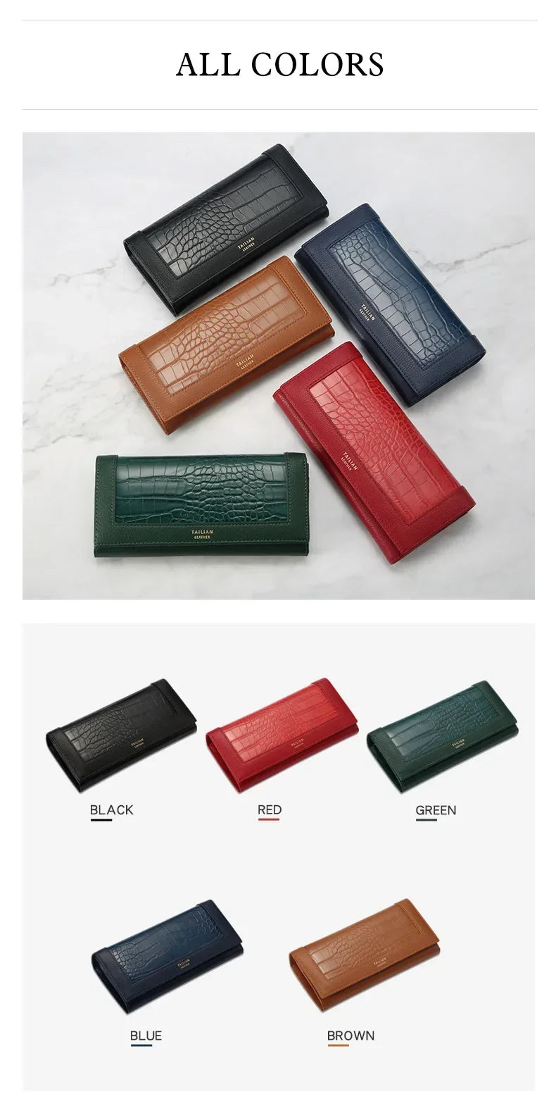 VaultHaus designer long wallet for women available in multiple colors including black, red, green, blue, and brown