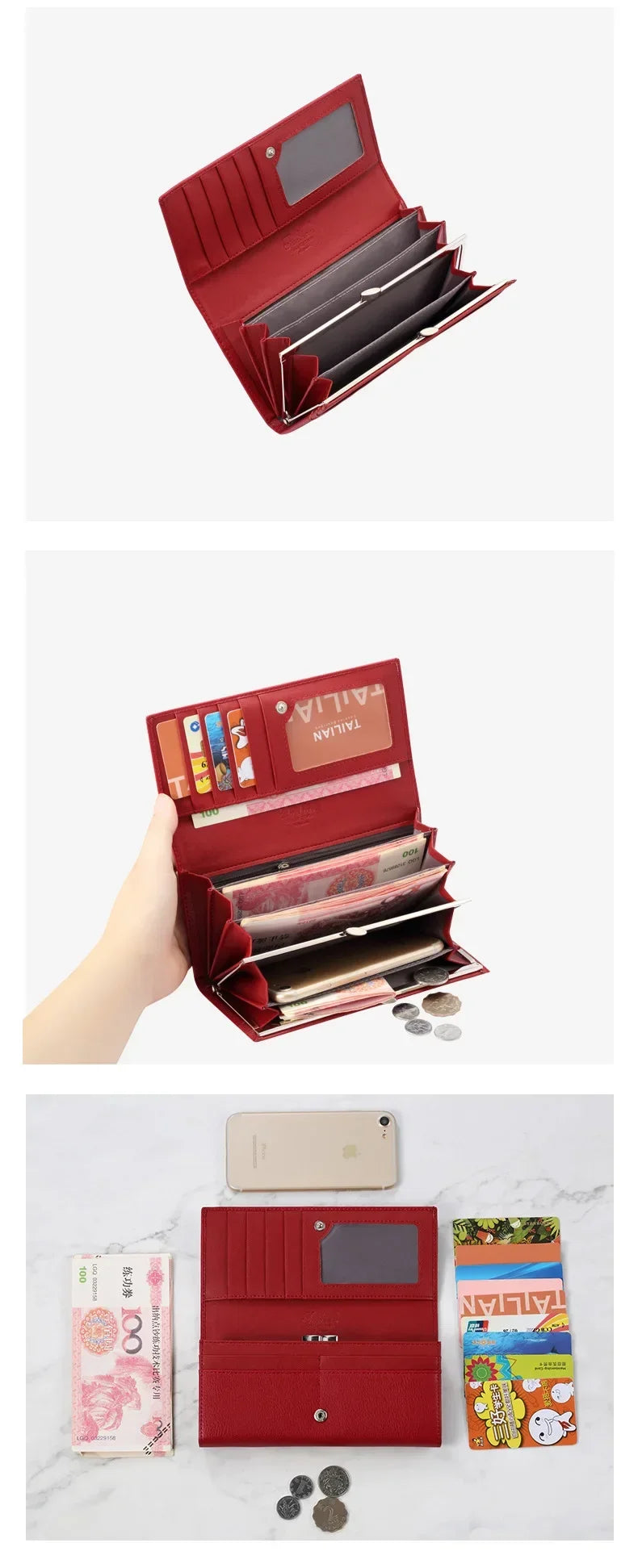 Stylish VaultHaus designer long wallet for women in red, featuring multiple card slots and a spacious interior