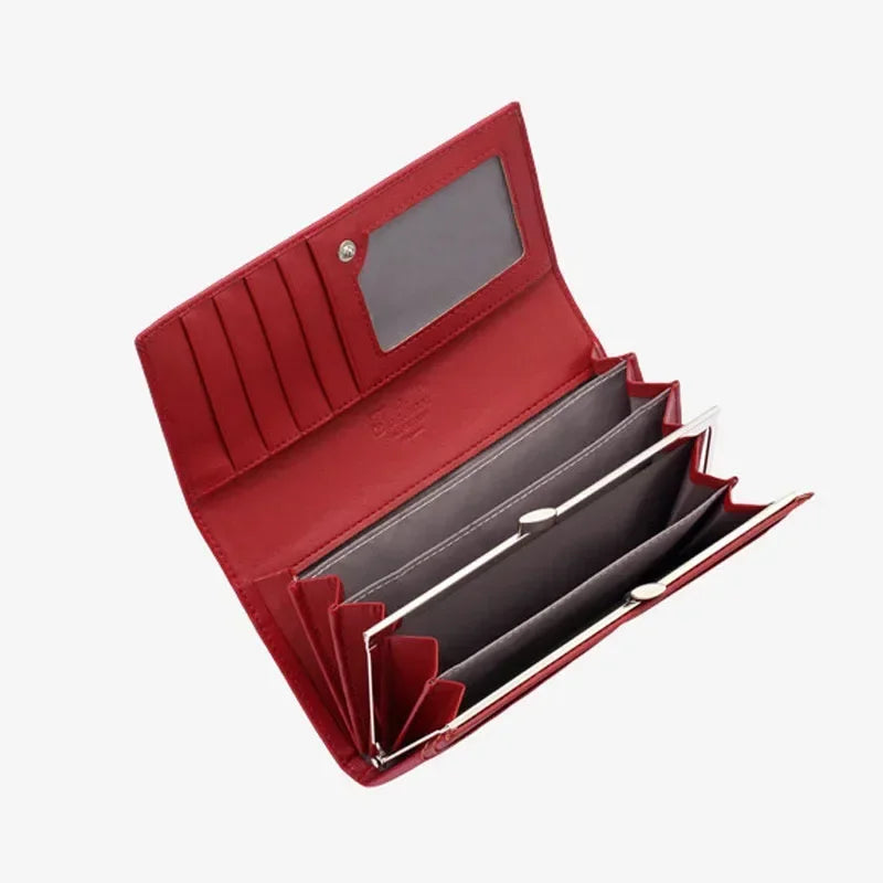 Red VaultHaus designer long wallet for women featuring multiple card slots and spacious compartments