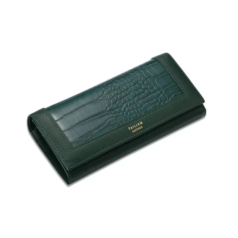 VaultHaus designer long wallet for women in green with crocodile texture and sleek design