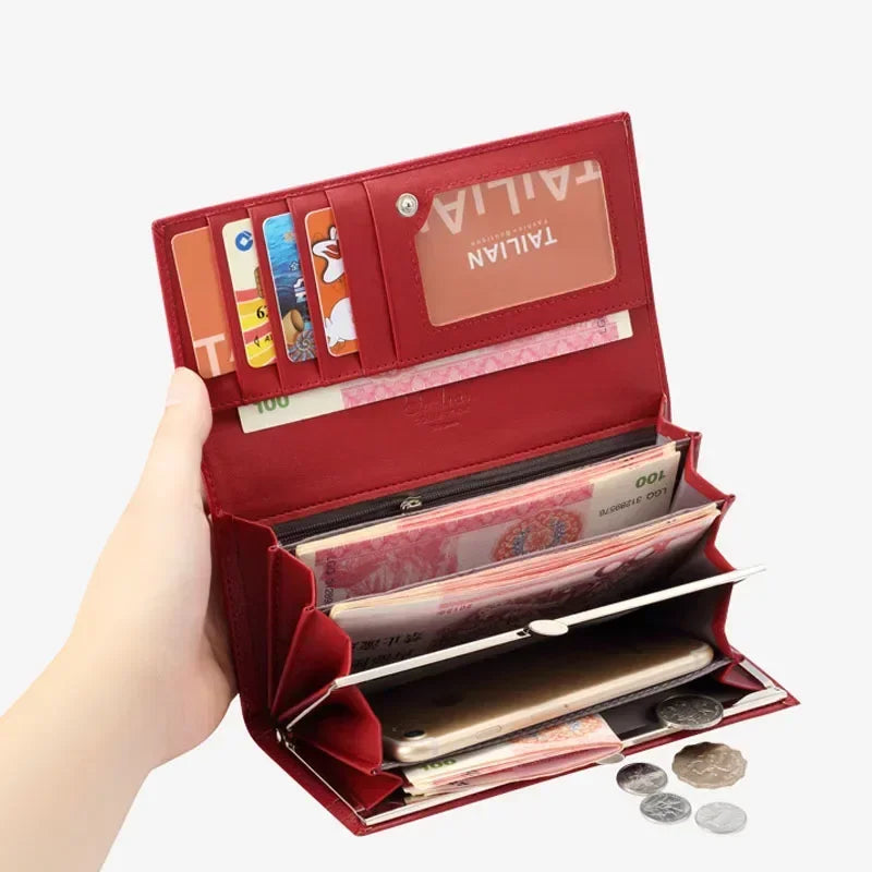 Red VaultHaus designer long wallet for women with multiple card slots and coin compartment