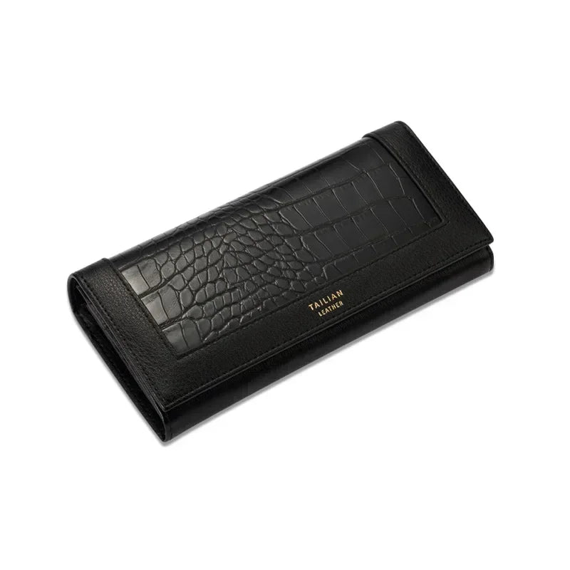 VaultHaus designer long wallet for women in black leather with a crocodile texture and sleek design
