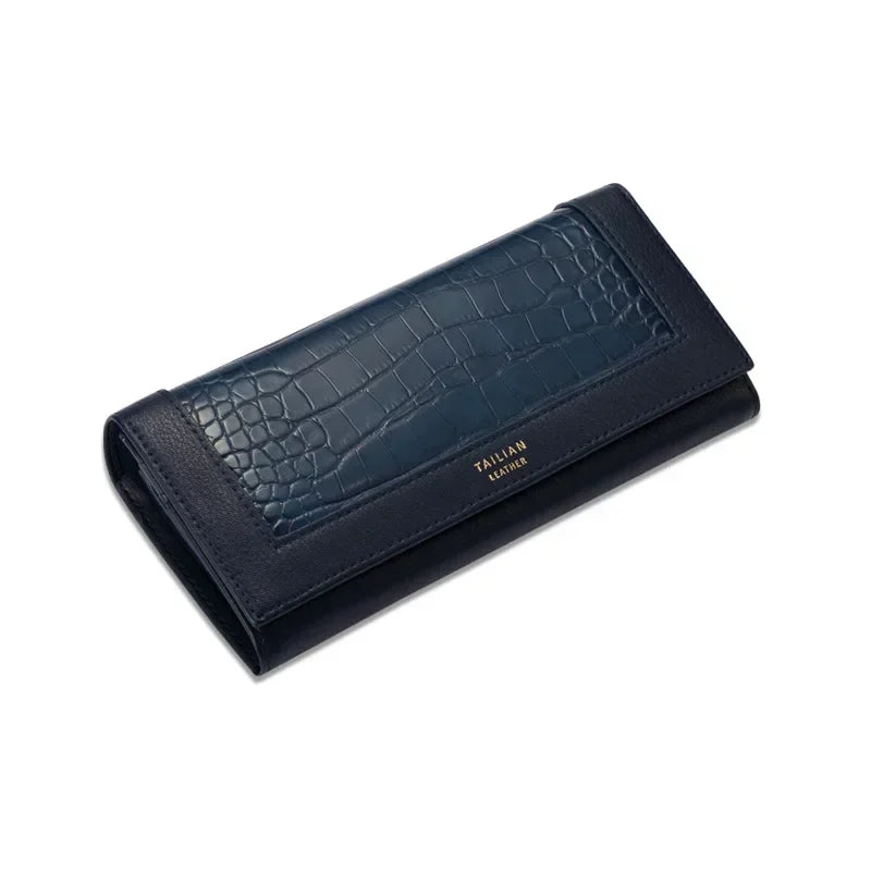 VaultHaus designer long wallet for women in navy blue with stylish crocodile pattern and sleek design