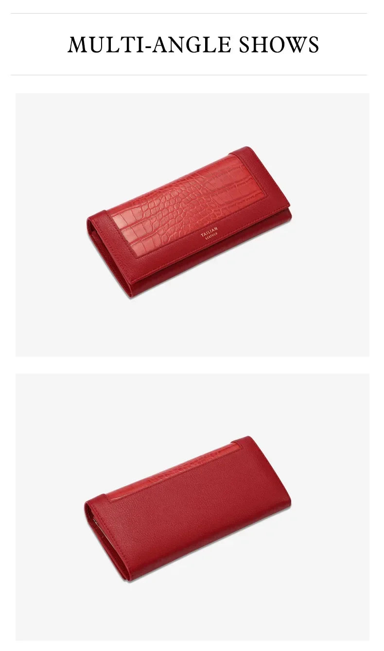 Stylish red designer long wallet for women featuring a sleek design and textured accents