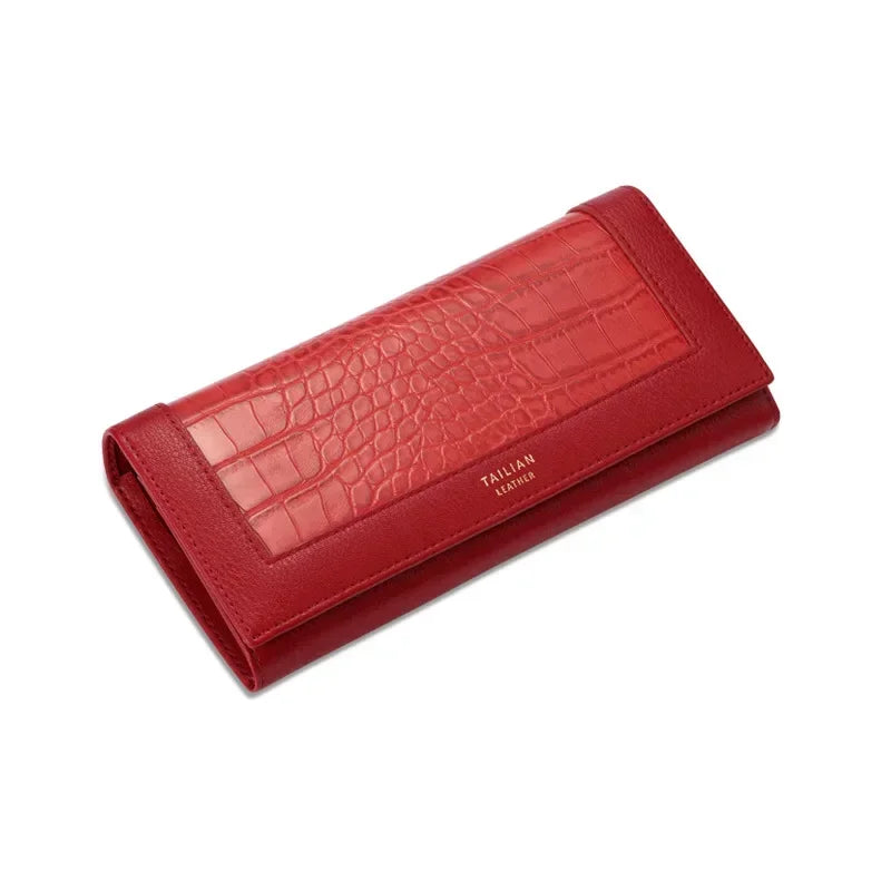 Stylish VaultHaus designer long wallet for women in red with a chic crocodile texture