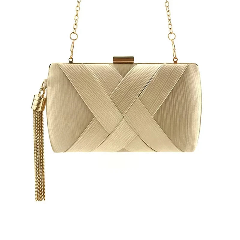 Elegant VaultHaus tassel evening clutch purse in gold with a woven design and chain strap