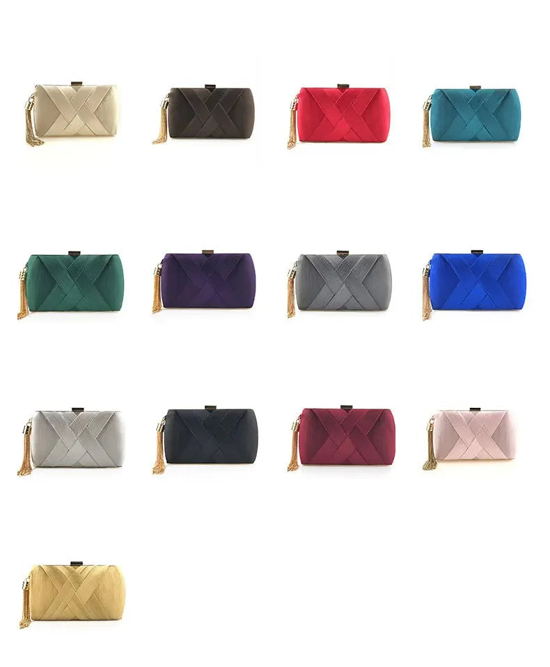 Various colors of VaultHaus tassel evening clutch purse featuring a sleek design and stylish tassel detail