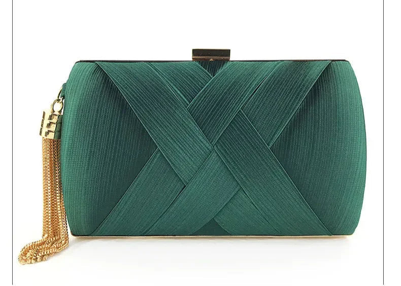 Elegant green tassel evening clutch purse with exquisite crisscross design and gold chain strap