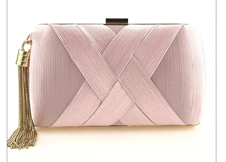 Elegant pink Tassel evening clutch purse with intricate cross-woven design and stylish tassel detail