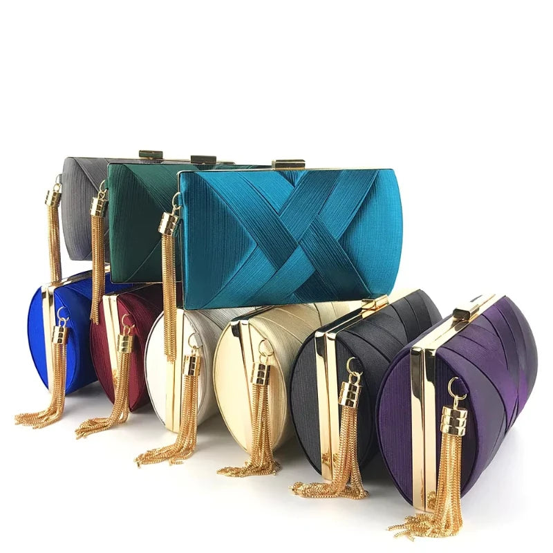 Colorful VaultHaus tassel evening clutch purse set featuring gold accents and stylish tassels