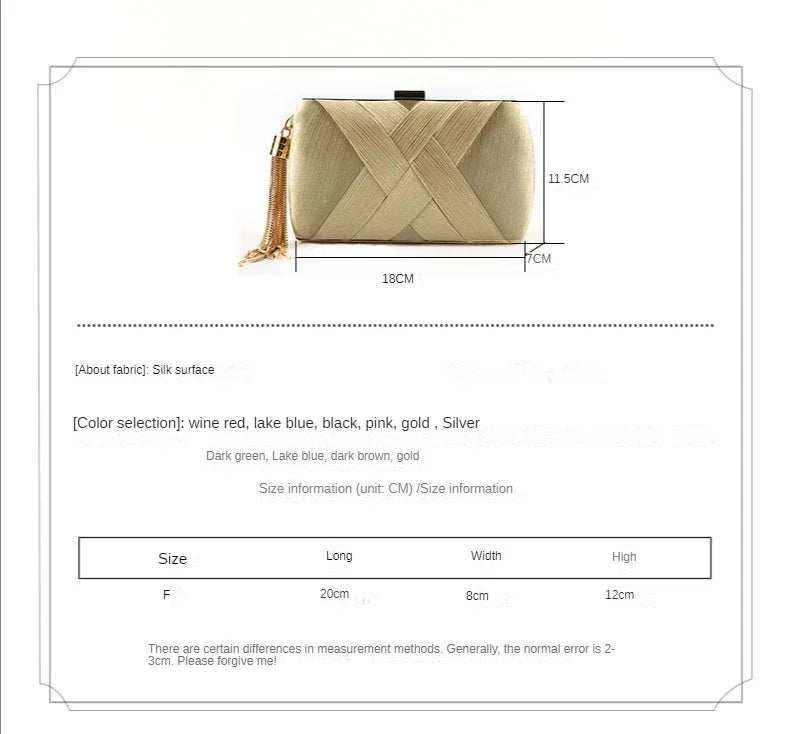 Stylish tassel evening clutch purse in gold with elegant design and silk surface for special occasions