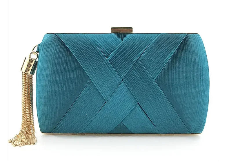 Blue Tassel evening clutch purse with a stylish crisscross design and a gold tassel detail