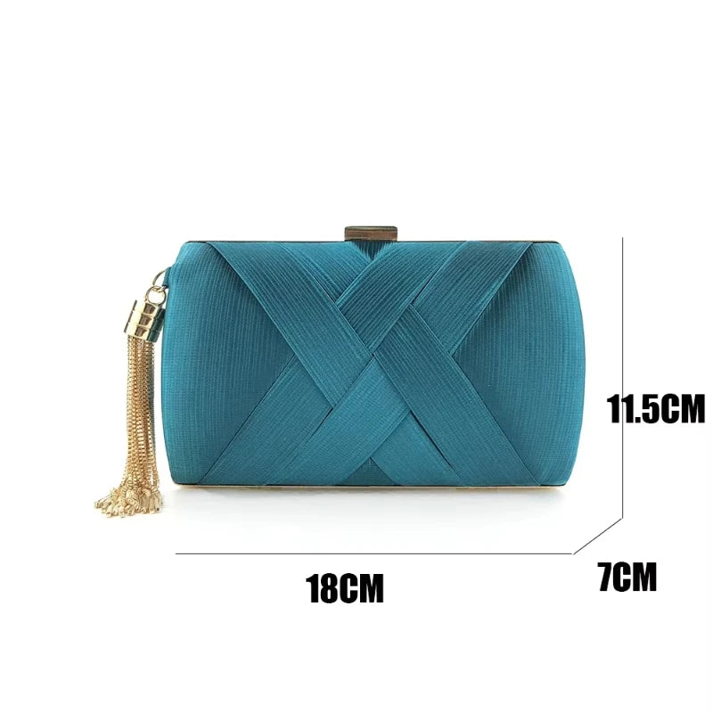 VaultHaus Tassel evening clutch purse in teal with a chic woven design and gold tassel detail
