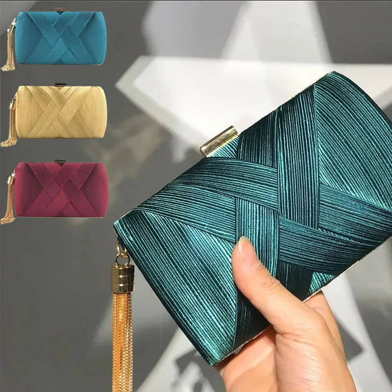 Stylish VaultHaus tassel evening clutch purse in teal, featuring a woven design and gold tassel detail