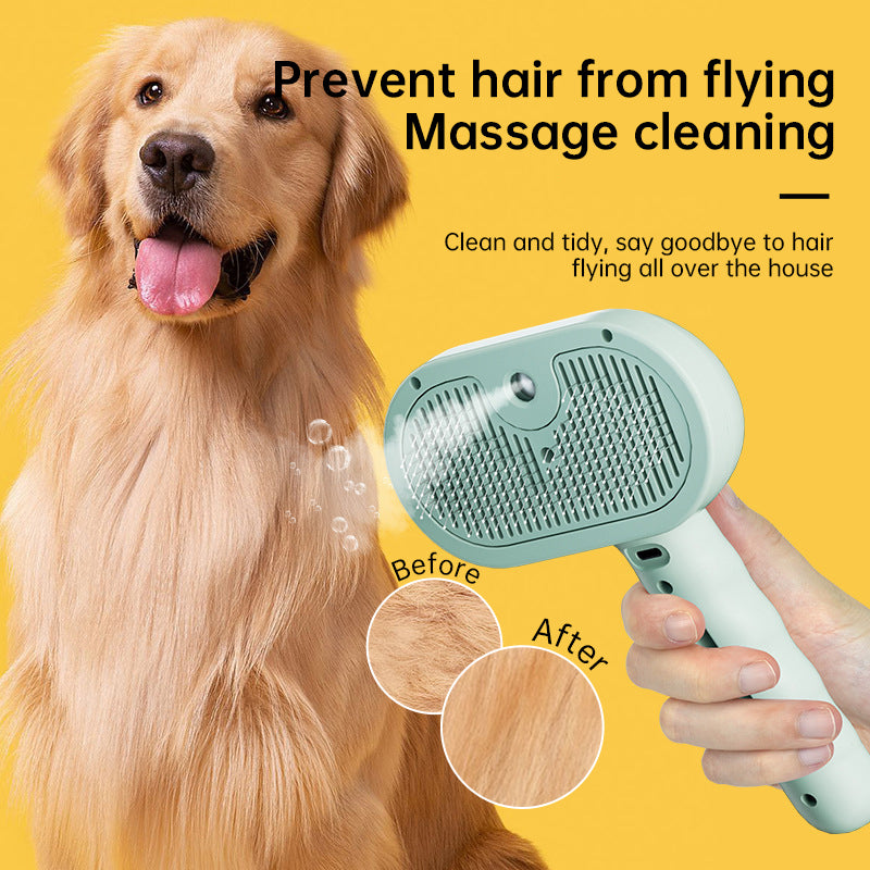 Upgraded Pet Electric Grooming Comb held over golden retriever dog showing before and after fur cleaning