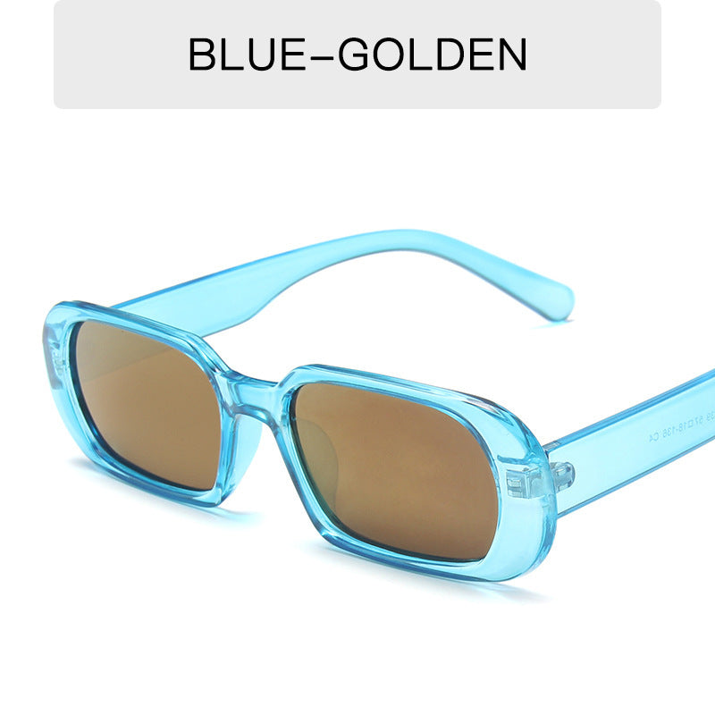 VaultHaus Retro Small Frame Sunglasses translucent blue rectangular frames with golden brown lenses